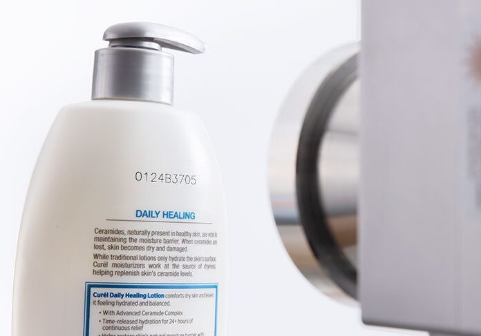 Laser coding sample on skincare product